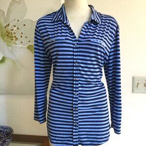 NEW YORK Co Striped Blouse Button Down Stretchy 3/4 Sleeve Collared Blue M